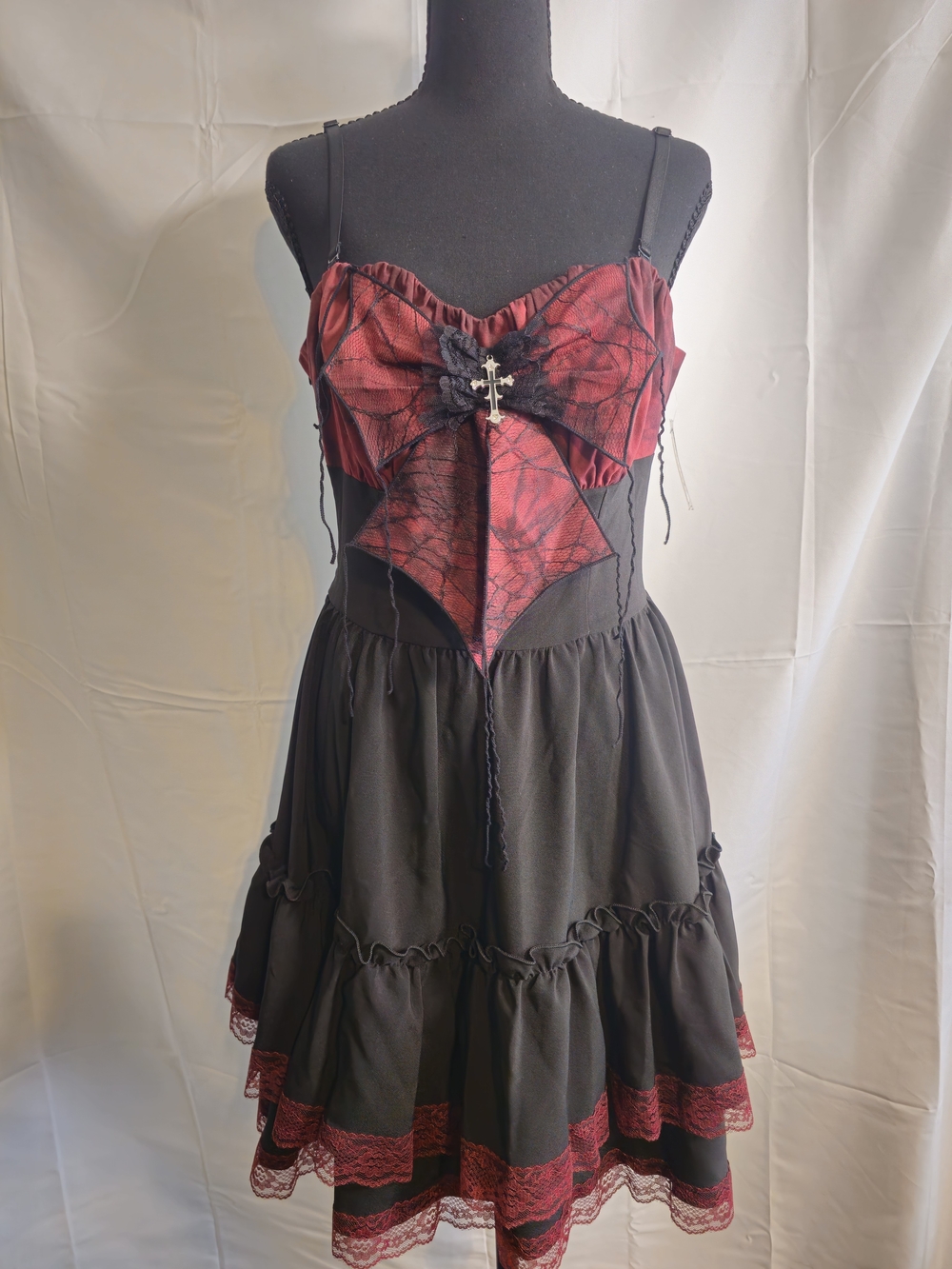 Spirit Red & Black Lace Trim Spaghetti Strap Mini Dress